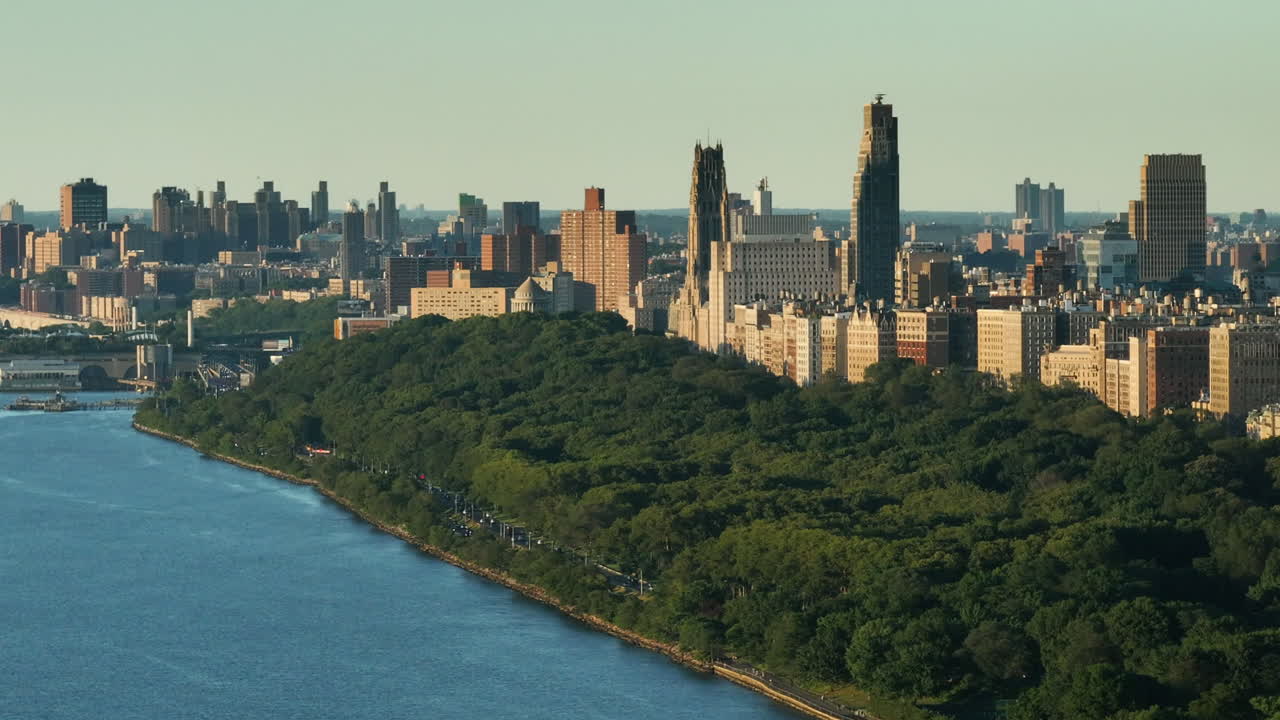 Aerial view of buildings on Manhattan's Upper West Side. Shot at dusk during the summer