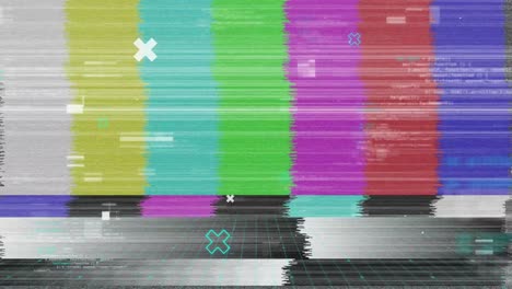 Animation-of-cross-icons-over-retro-colour-test-screen-with-glitch