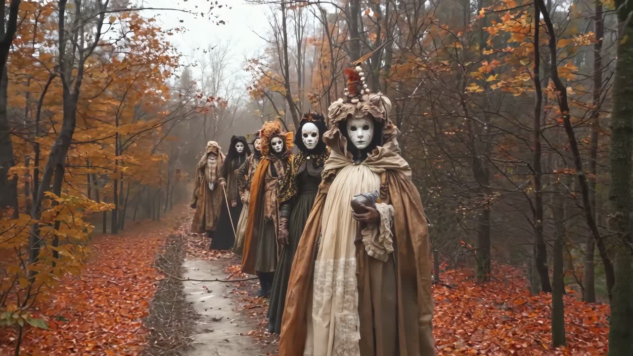 마스크를 착용 한 한 무리의 사람들이 숲 속의 길을 고 있습니다.