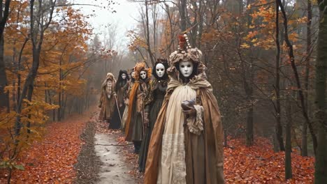 a group of people wearing masks walking down a path in the woods