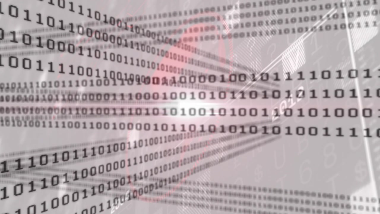 Binary digits appearing and shifting right with red pulsing highlights showing data tunnel