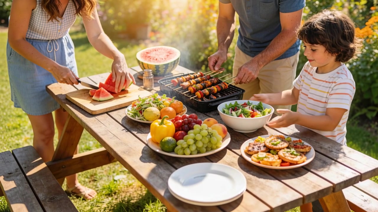 Familie i shorts avslutter vannmelonforberedelser, forbereder og serverer måltid i hagen ved et piknikbord med grill.