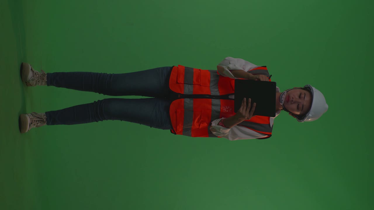 Full Body Of Asian Female Engineer With Safety Helmet Taking Note On The Tablet And Looking Around While Standing In The Green Screen Background Studio, During Sunset Or Sunrise Time