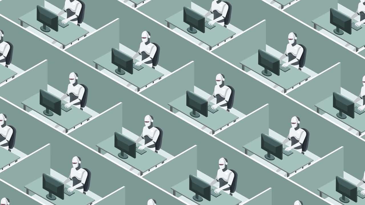 Futuristic robots work on a computer in cubicle office