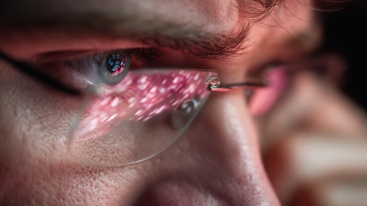 Primo piano di occhi concentrati dietro gli occhiali, che cattura intensa concentrazione e coinvolgimento con uno schermo che riflette modelli digitali colorati