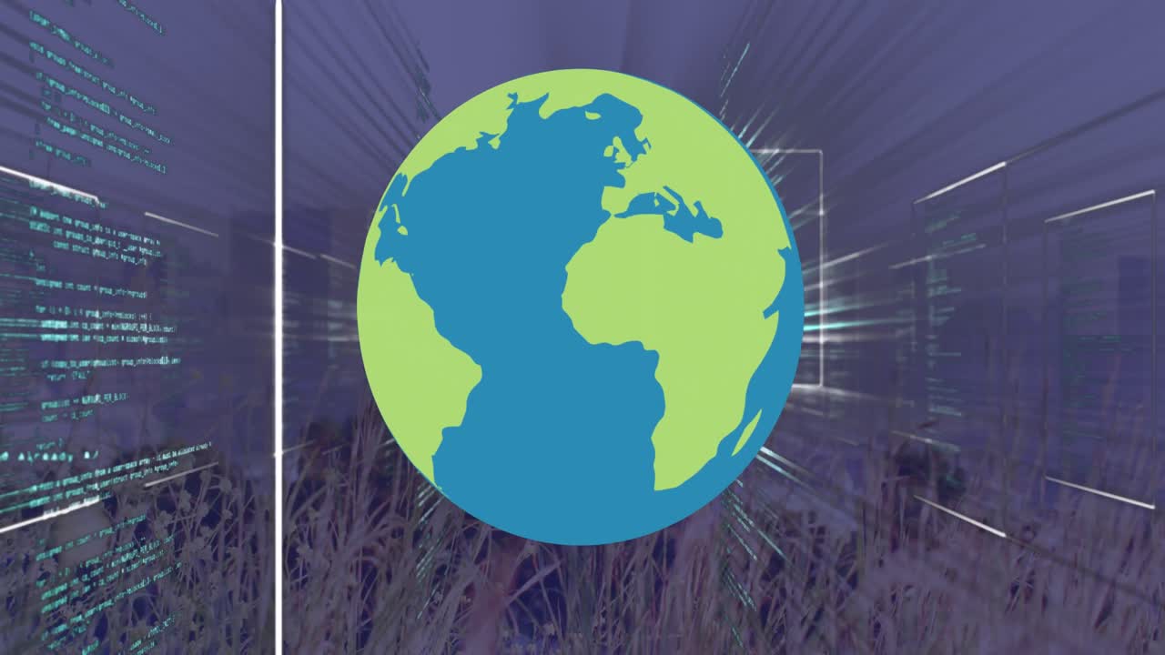 animación del procesamiento de datos y globo sobre el paisaje urbano