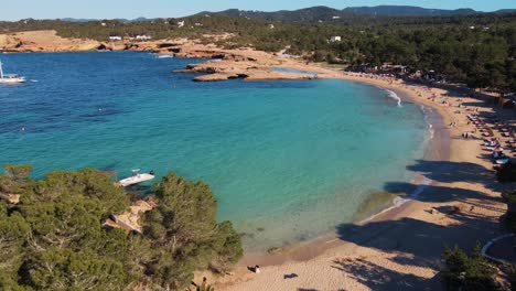 Vista-Aérea-De-Drones-Moviéndose-Sobre-árboles-Revelando-La-Playa-De-Cala-Bassa-En-Ibiza-Con-Veleros-En-El-Hermoso-Océano-Azul-Frente-A-La-Costa-De-España