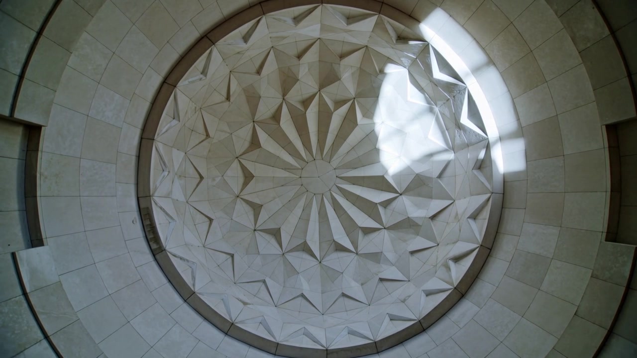 Sweeping sunlight from skylight moving clockwise across rotunda ceiling, revealing rosette relief