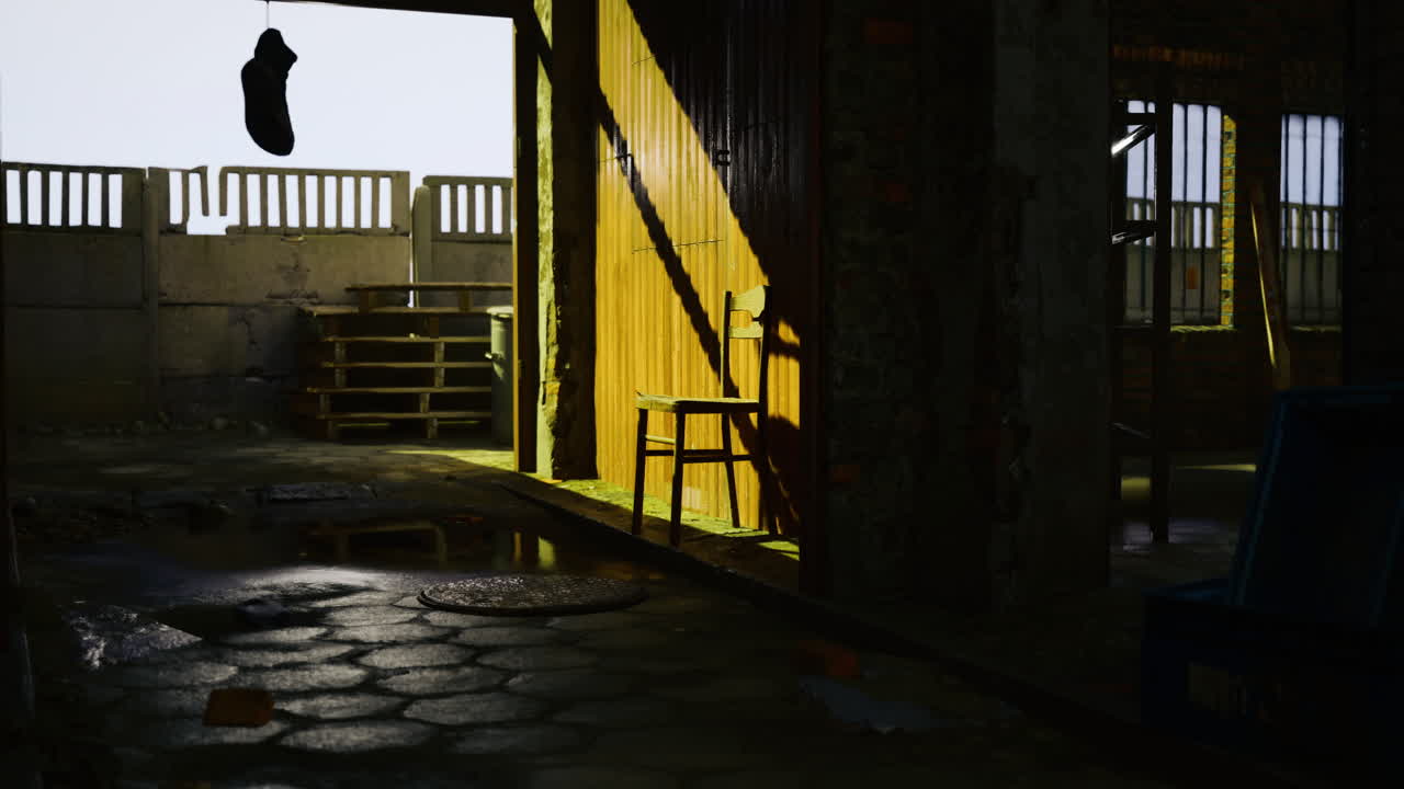 Empty urban space features hanging sock and scattered furniture in shadow