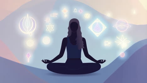 woman meditating with spiritual symbols
