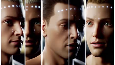 a close-up exploration of expressions: comparing emotional depth through digital prototyping with led geometric facial patterns and varied lighting in a futuristic context
