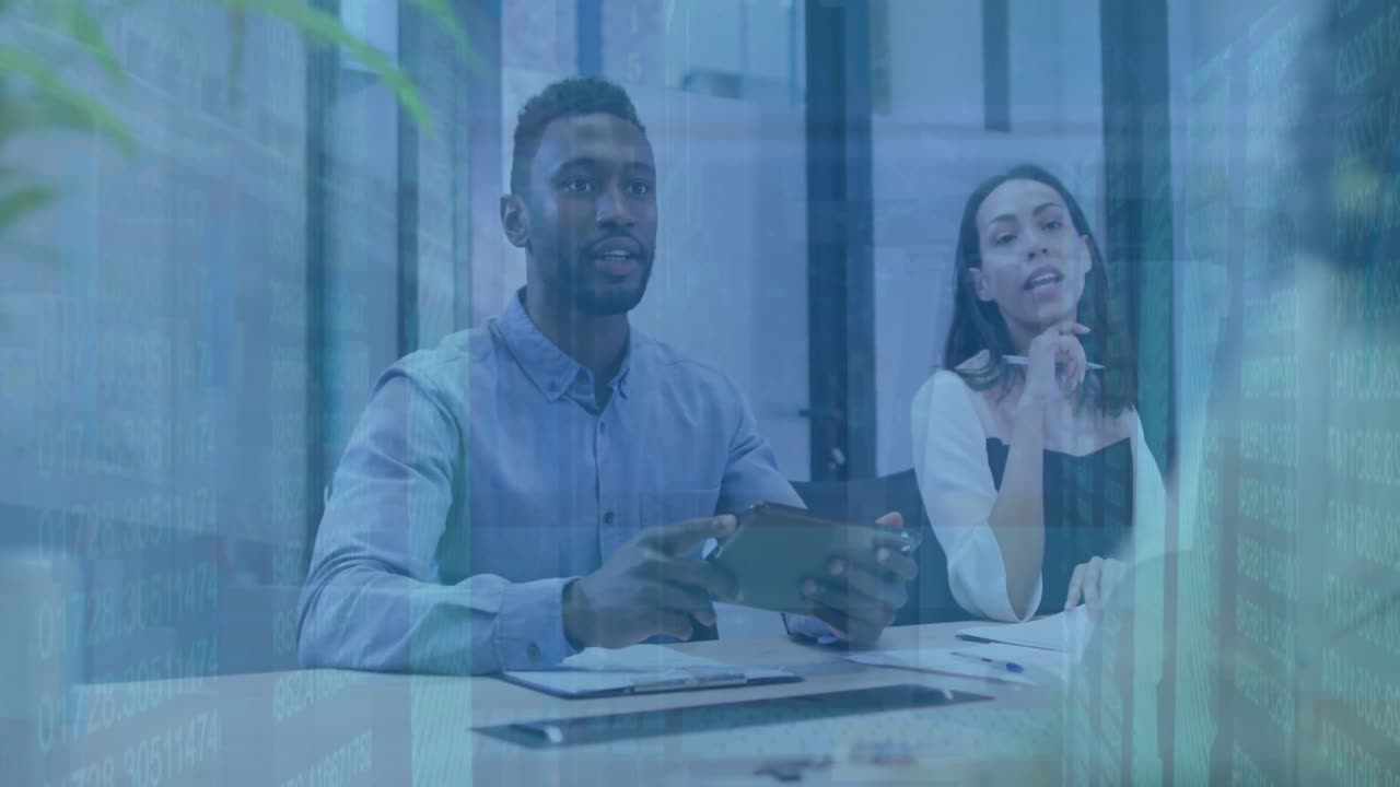 Animation of changing numbers over diverse entrepreneurs sealing deal with investor by shaking hands
