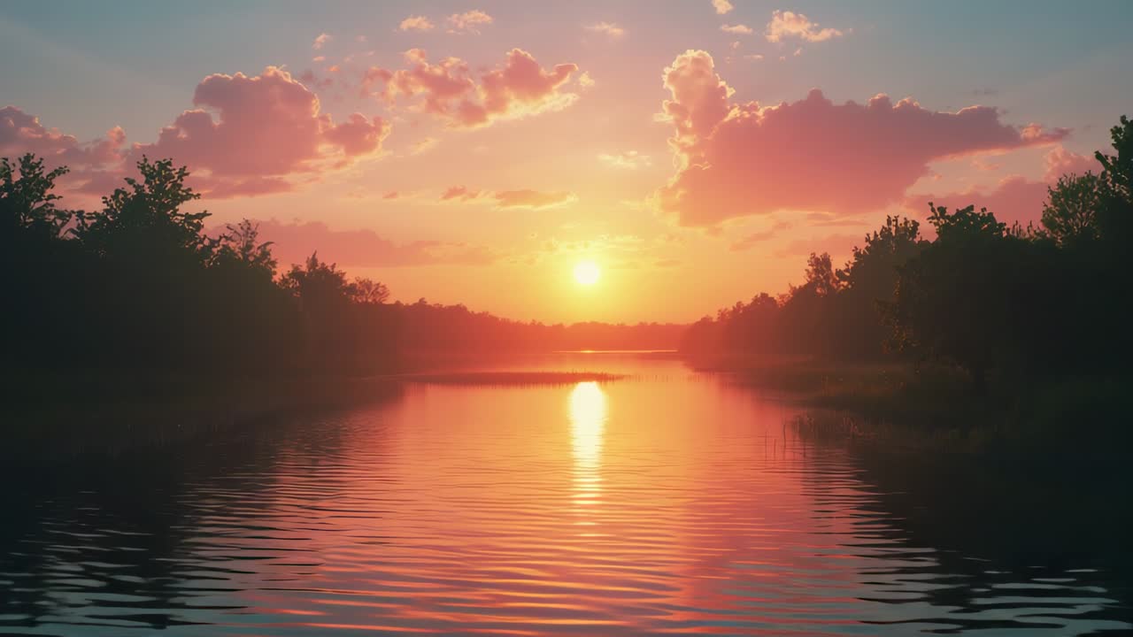 Timer starting, sun descending over lake shore reflecting on rippling water, with tree silhouettes