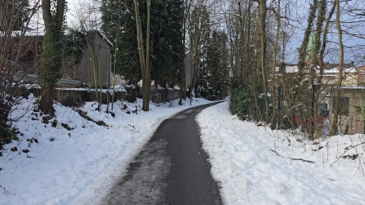 Snow-covered path walk – calm winter hiking scene in nature