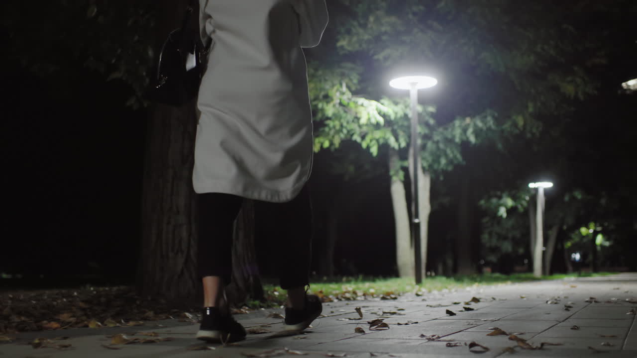 Rear view of girl in white coat with black handbag walking slowly along dimly lit park path at night, fallen leaves scattered on pavement, illuminated by soft glow of street lamps in background