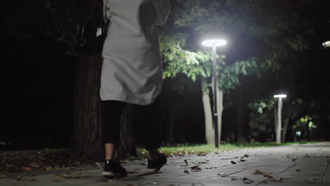 rear view of girl in white coat with black handbag walking slowly along dimly lit park path at night, fallen leaves scattered on pavement, illuminated by soft glow of street lamps in background