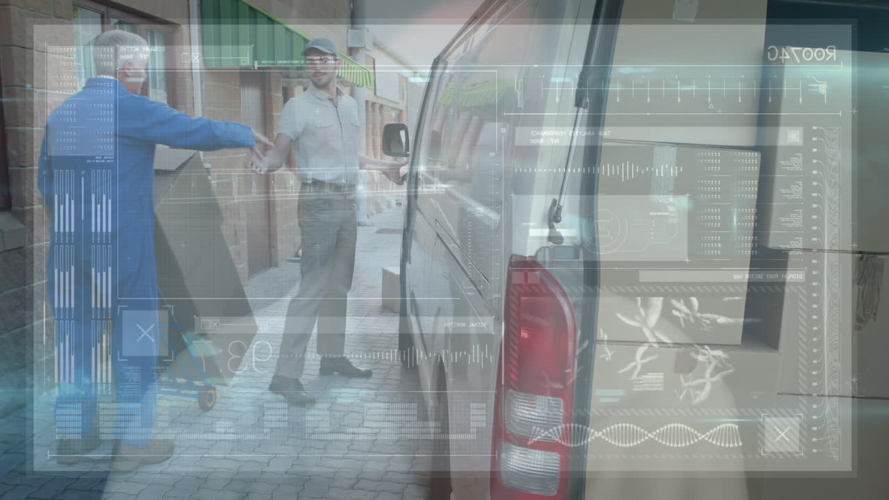 анимация обработки данных над кавказским мужчиной курьером