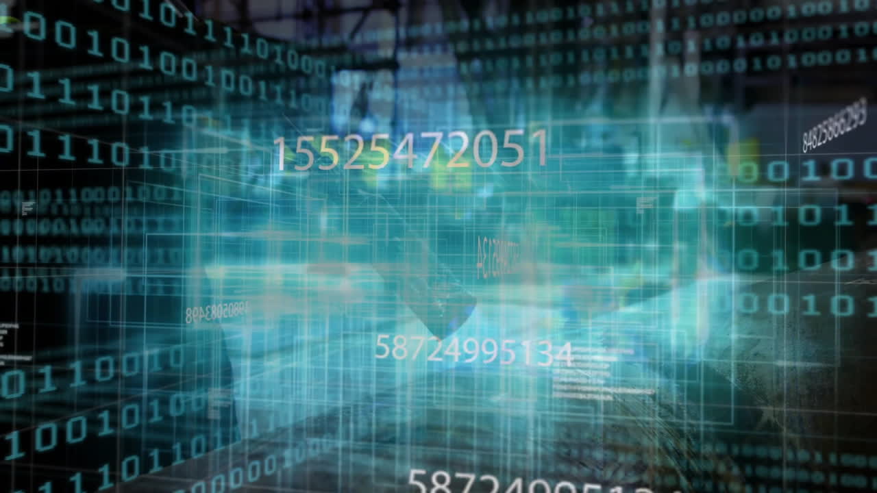 Technology interface displaying grid panels with streaming binary code and floating decimal numbers