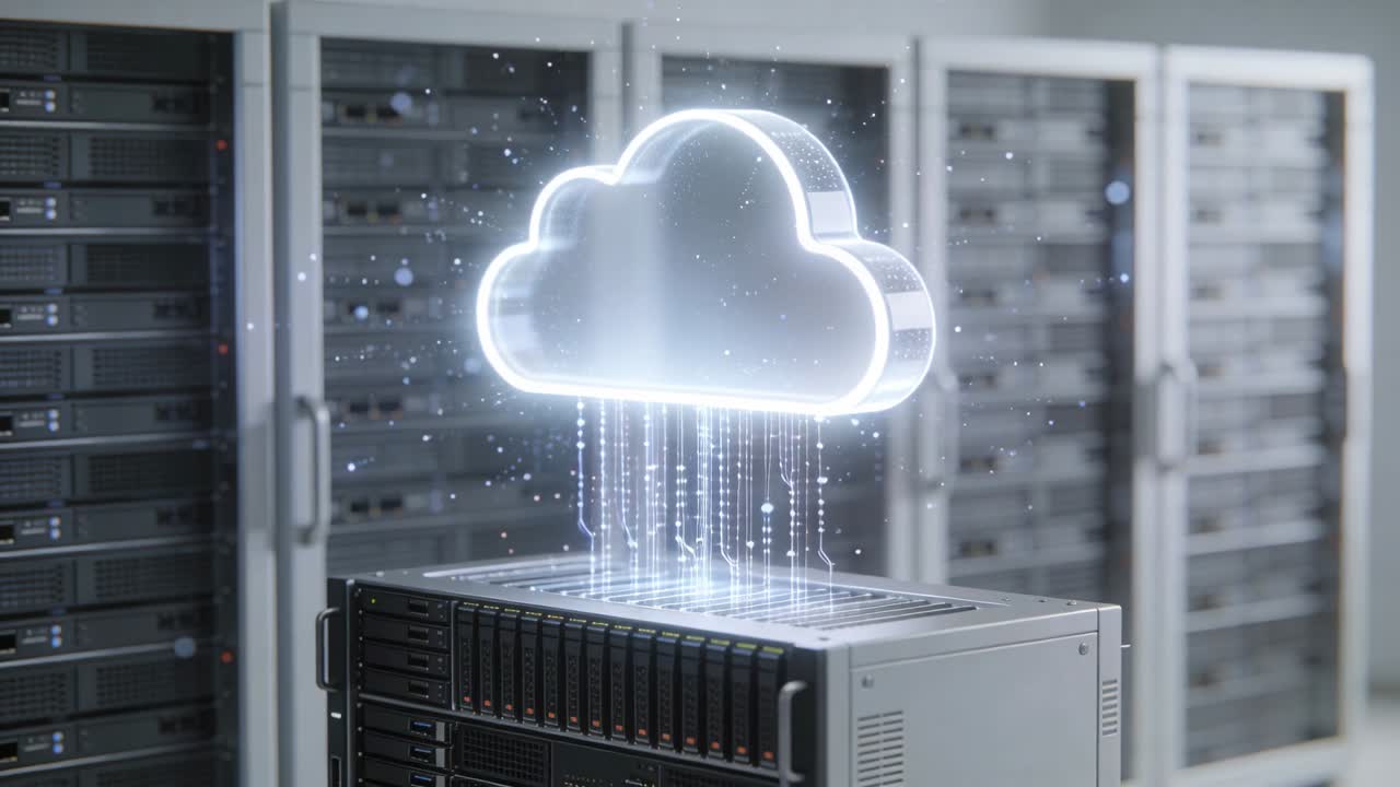 Pulsing holographic cloud sending lights into server chassis in data center, syncing drives