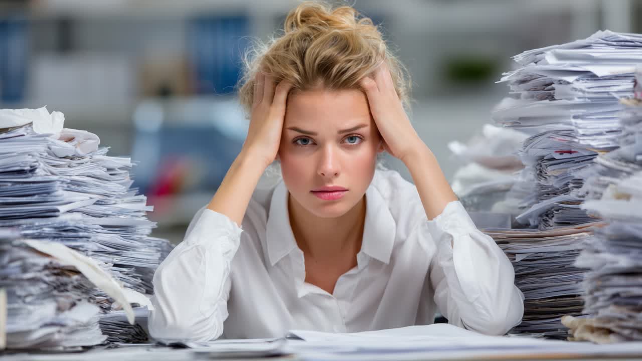 A Young Professional Struggles with Overwhelming Paperwork, Demonstrating the Stress and Challenges of Office Life in a Busy Workplace Environment