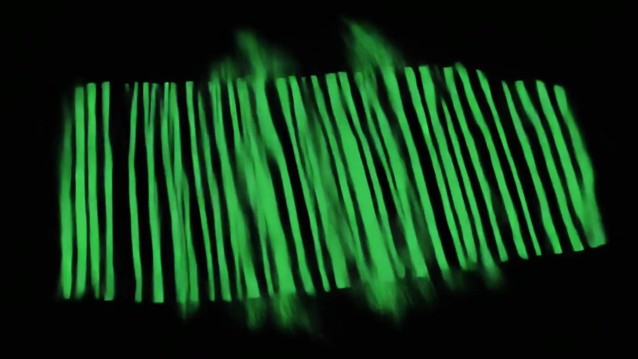 Grafica codice a barre verde che si trasforma e sfuma su sfondo nero