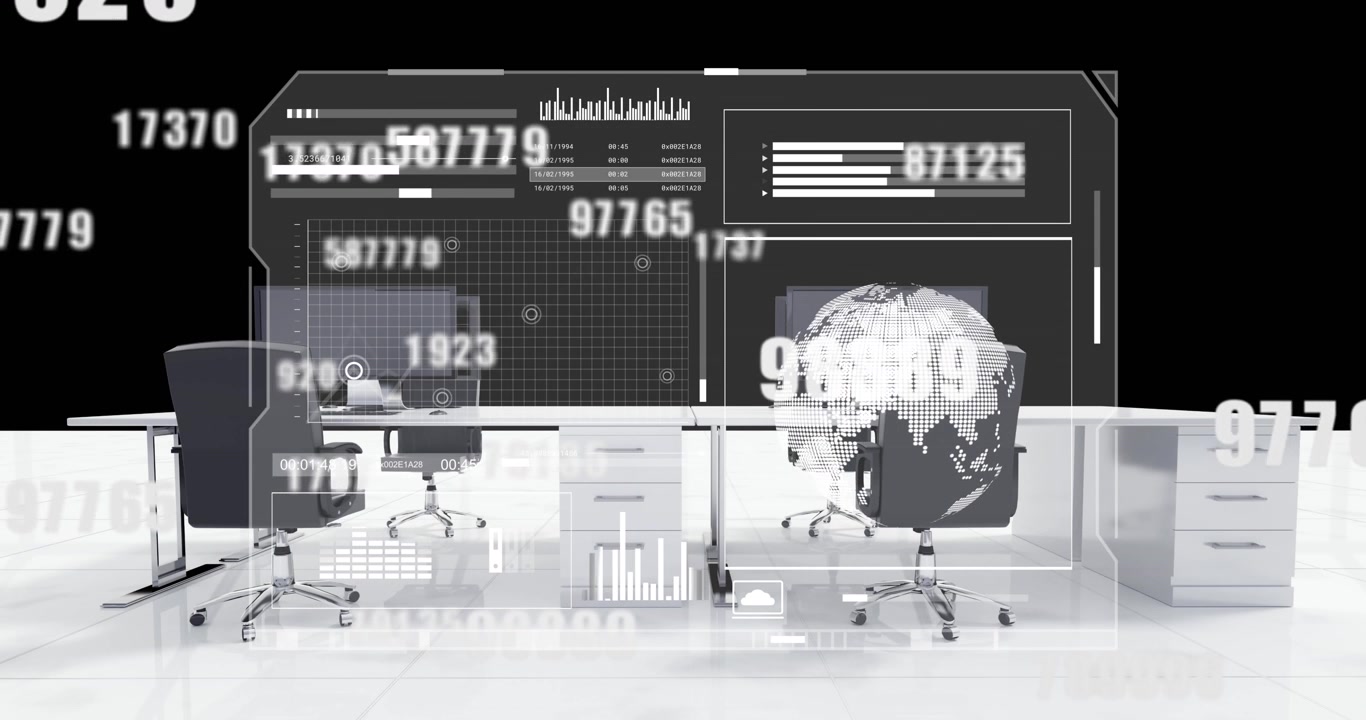 Animation of numbers and financial data processing on screen over office