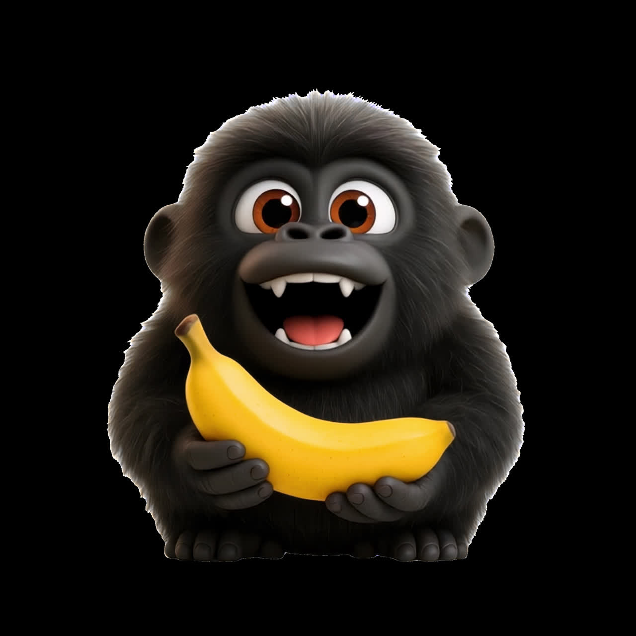 Cute cartoon gorilla holding banana animation isolated asset, transparent 4K video, alpha channel