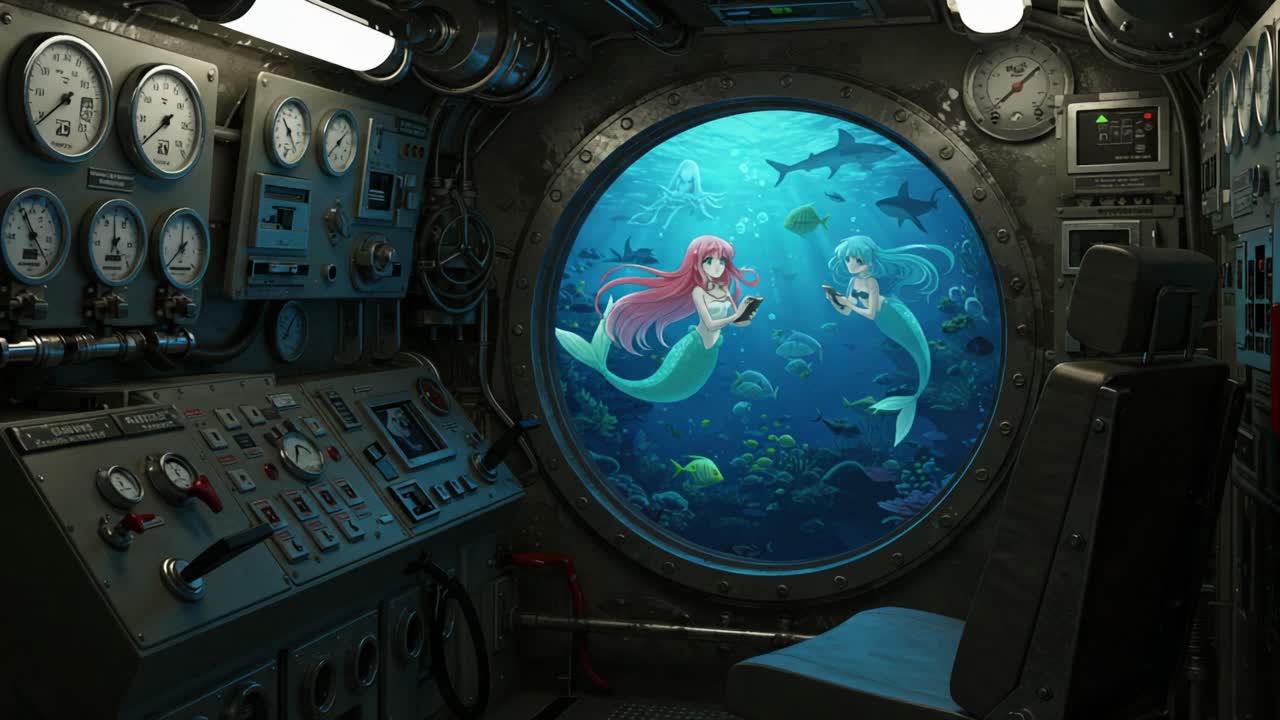 Beneath the Waves: A Submarine View into an Underwater World Where Two Mermaids Playfully Explore Their Surroundings Surrounded by Marine Life and Technology