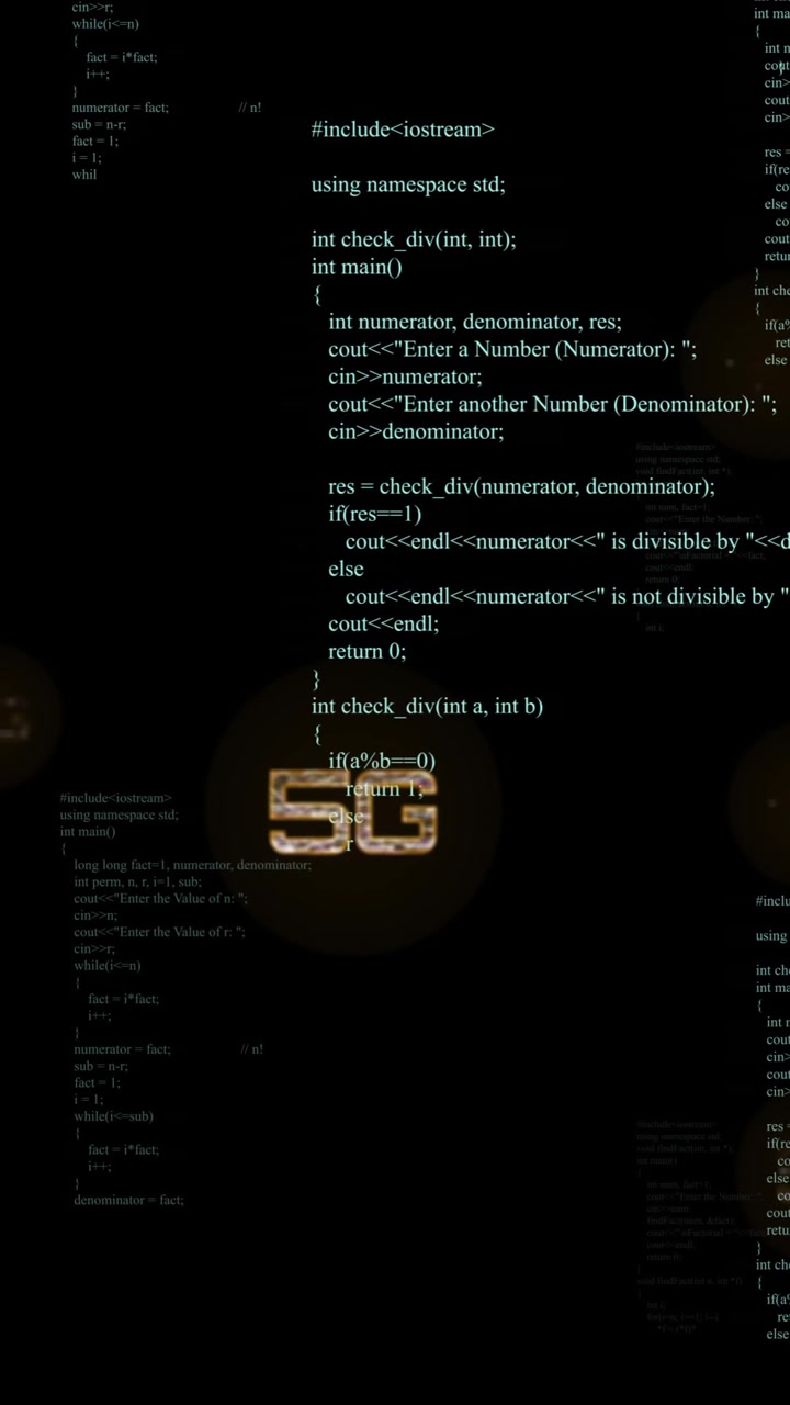 5G text animation over programming code on black background