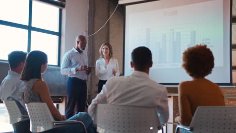 reunión del equipo de negocios multicultural en la oficina presentación con pantalla