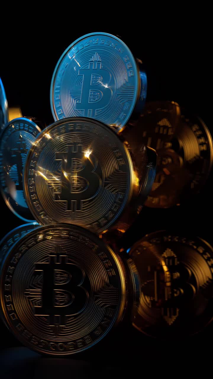 Animazione rotante di Bitcoin dorato su sfondo scuro, criptovaluta cinematografica 4K.