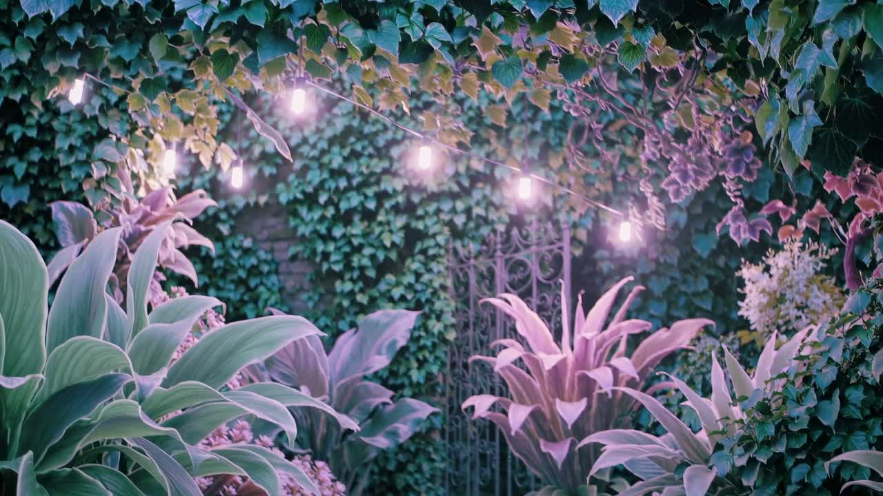 A dreamy garden scene with hanging lights, captured from a low angle