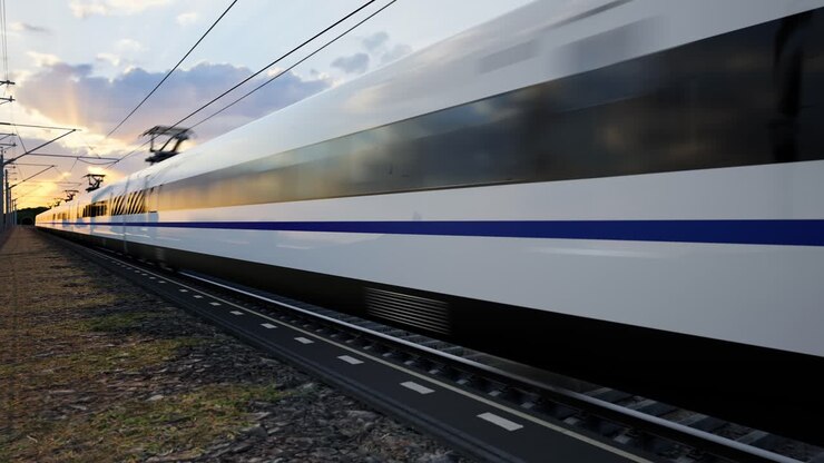 пассажирский локомотив высокоскоростного поезда в движении на железной дороге