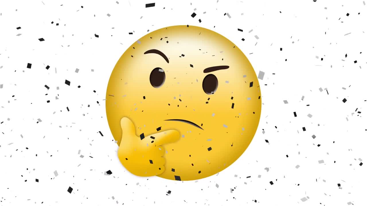 Animace přemýšlejícího emoji nad padajícími konfetami