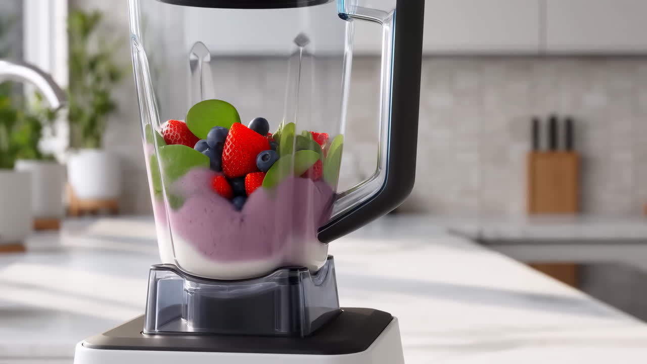Blender blander frisk frukt og spinat til en sunn smoothie