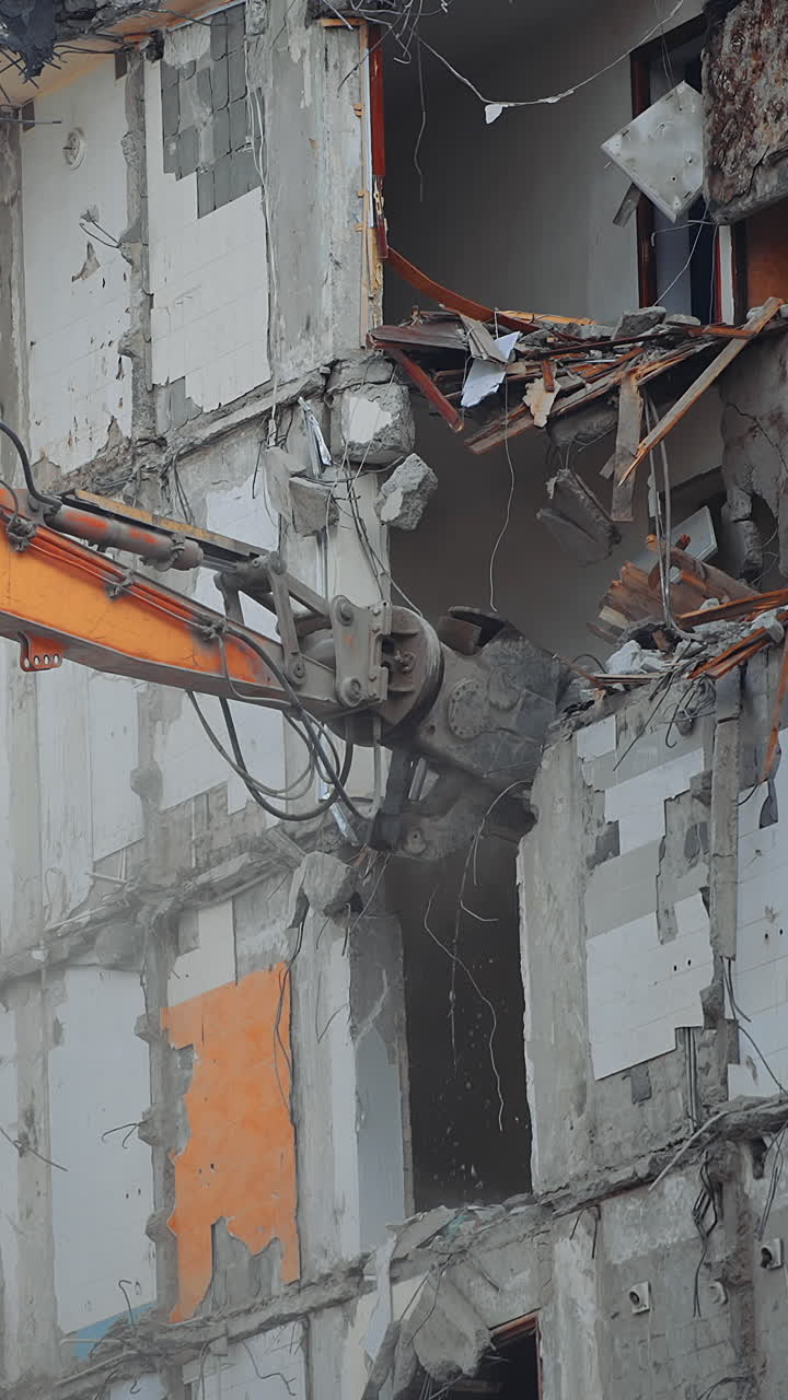 Special machine destroys the house. Demolition excavator destroys an old building