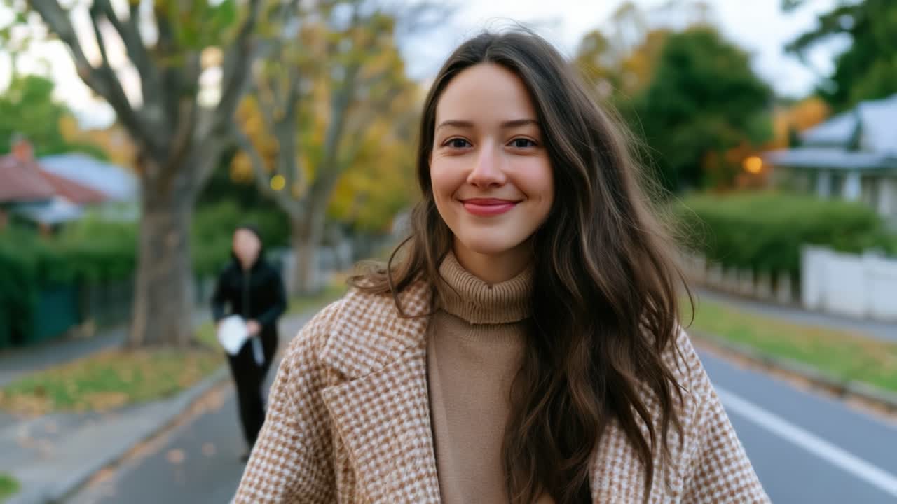 Una giovane donna cammina lungo una pittoresca strada autunnale, indossando un maglione accogliente e godendosi l'atmosfera serena mentre le foglie cambiano colore intorno a lei