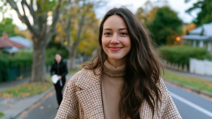 Una giovane donna cammina lungo una pittoresca strada autunnale, indossando un maglione accogliente e godendosi l'atmosfera serena mentre le foglie cambiano colore intorno a lei
