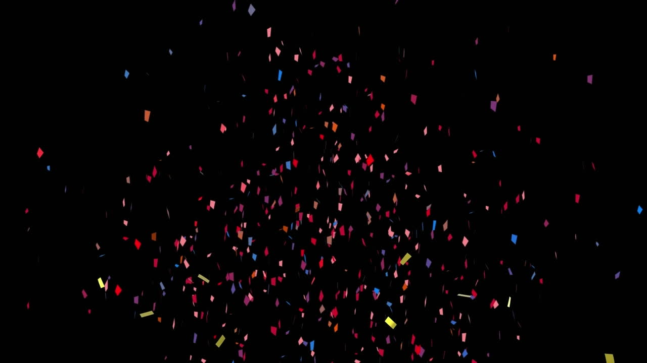 Animation of golden and colorful confetti falling against copy space on black background