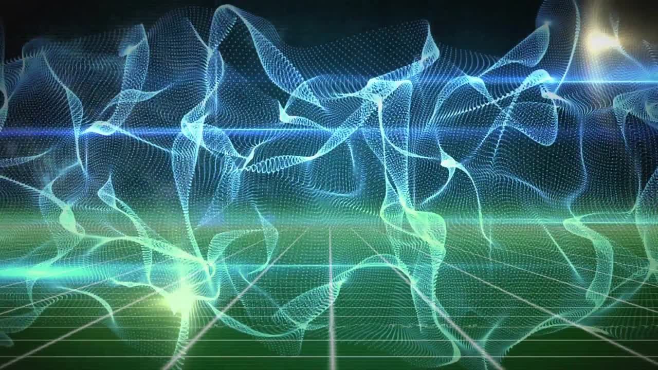 Glowing green grid emerging driving blue-green mesh waves undulating with flares for seamless loop