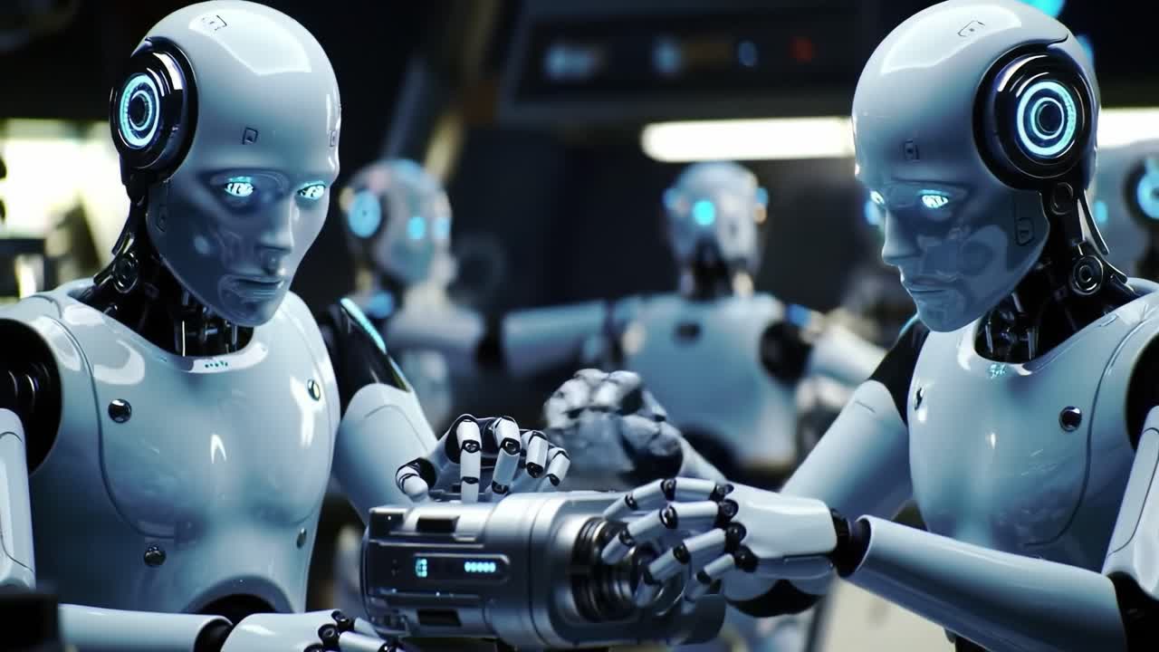 Two humanoid robots work closely together in a high-tech environment, engaging in precise tasks that involve advanced equipment and tools, showcasing their collaboration and design.