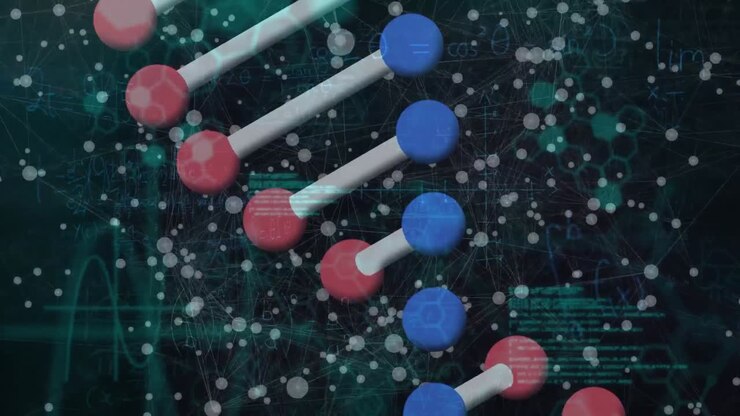 Animation of dna, molecules and data processing on black background
