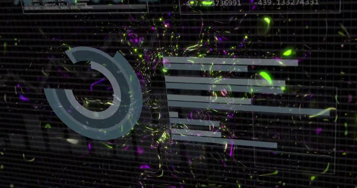 Central 3D cluster forming from hovering tri slice neon mass rippling HUD collecting analysing data