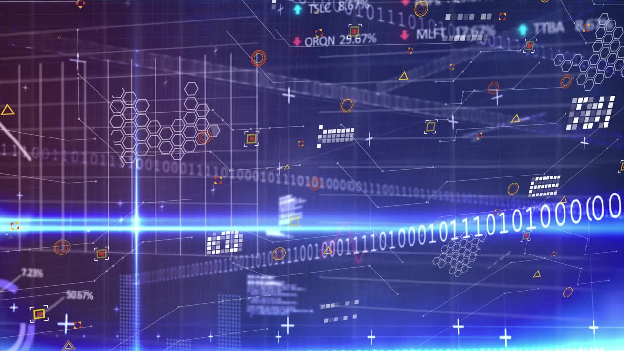 Animation of data processing, icons and lights on violet background