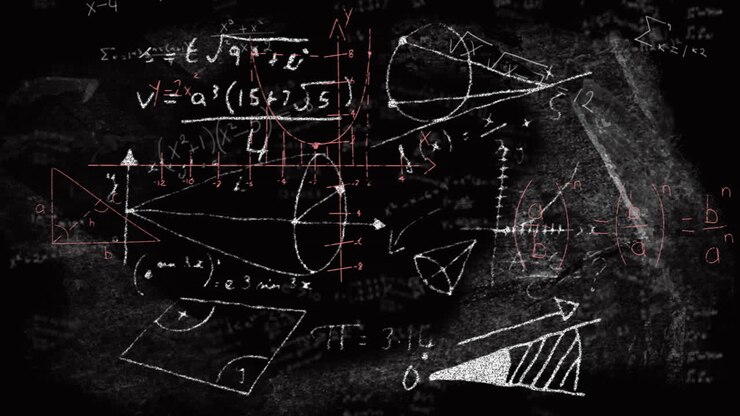 Chalkboard filled with mathematical equations and geometric diagrams in school setting