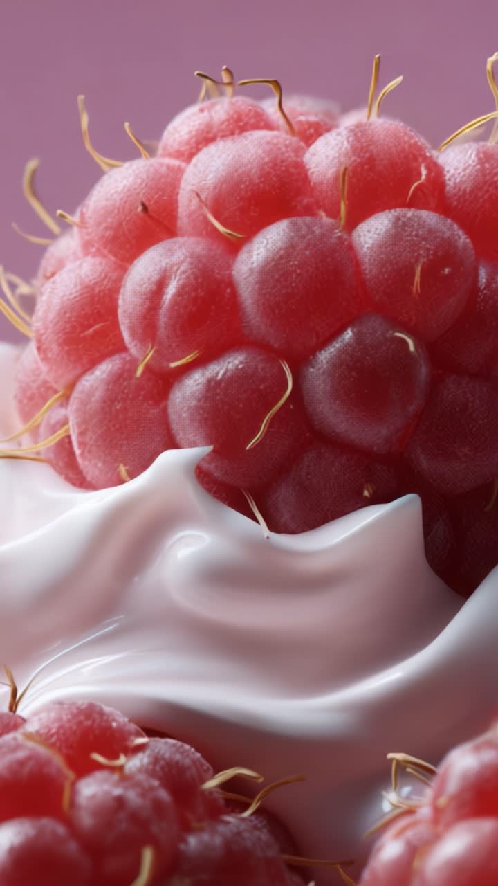 Close-Up of Fresh Raspberries on Creamy Soft Serve with an Elegant Background, Highlighting Texture and Natural Freshness in a Delicious Arrangement