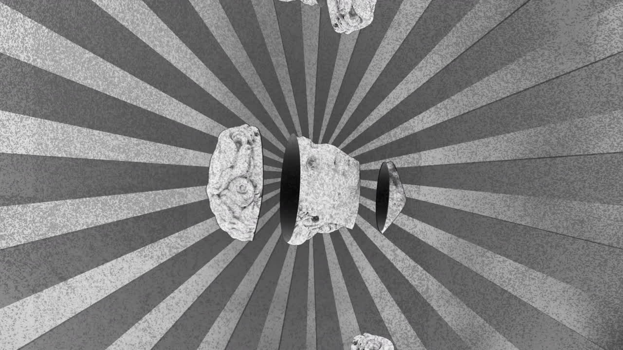 방사선 회색 줄무 바탕에 움직이는 세 개의 잘라진 고전적인 머리 조각의 애니메이션