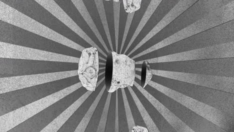 animación de tres esculturas de cabezas clásicas cortadas que se mueven en un fondo rayado gris radial