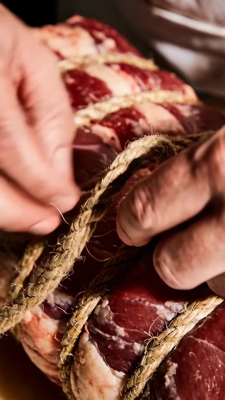 Video verticale: Mani che posizionano anelli di corda, che legano l'arrosto sul bancone per la cottura, manica bianca.
