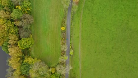 cyclist on remote country lane path in park, high aerial overhead shot